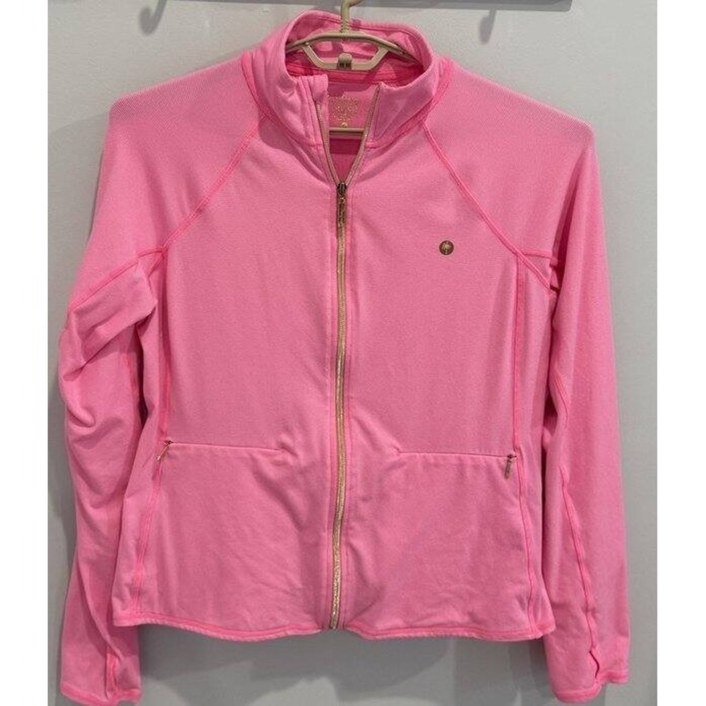 Lilly Pulitzer Luxletic Kapri Hadlee Pink Stripe Full Zip Jacket Gold Metal XL